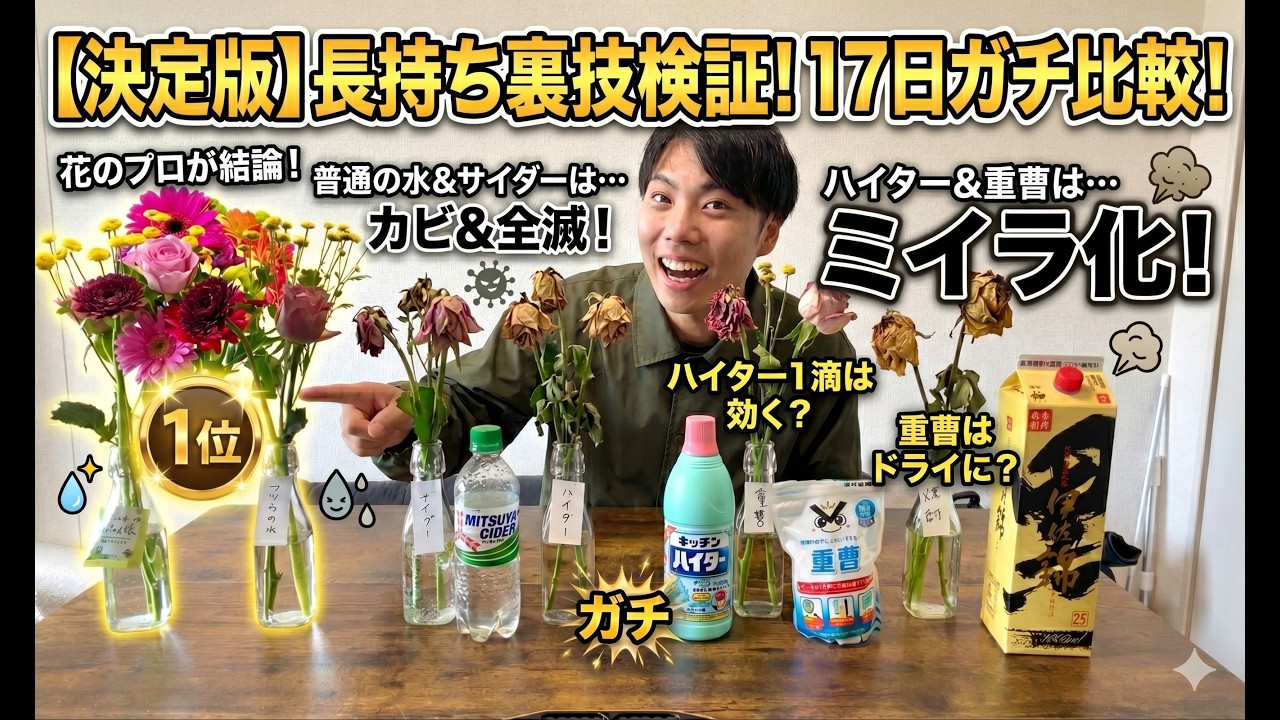 【花の長持ち検証】お花の栄養剤 vs ネットの裏技。17日間のガチ比較で分かった正解はこれ!