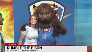 Rumble the Bison visits FOX 25 as excitement ramps up for the playoffs
