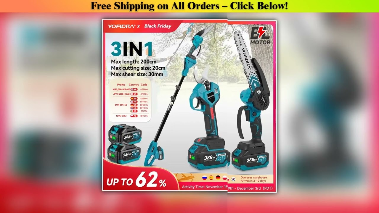 YOFIDRA Brushless Electric 8 Inch Chainsaw 32MM Scissors Telescoping Pole High Garden Pruning Tool