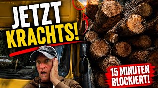 Holztransporter touchiert Camper – Bergstraße komplett blockiert