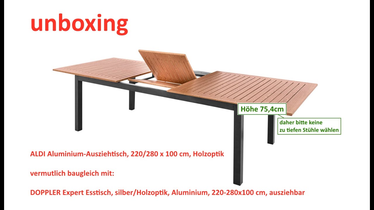 unboxing Aldi Alu-Ausziehtisch, vermutl. baugleich DOPPLER Expert ? =  220/280 x 100 cm, Holzoptik