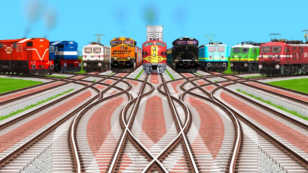 9 Trains Crossing Thought In Railway Station By Bumpy Railroad Tracks | indian train simulator game