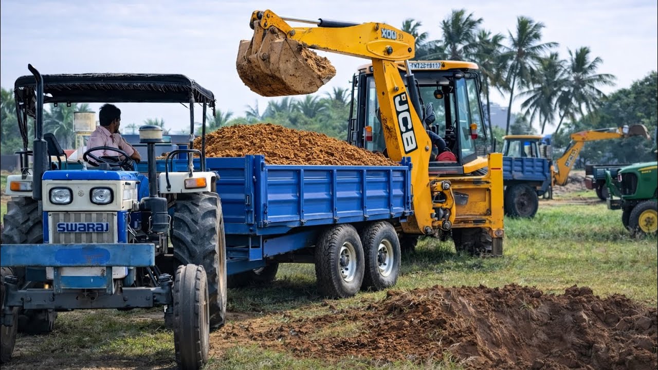 Jcb 3dx backhoe Loding Mud Swaraj 735fEe Tractor And trolley 