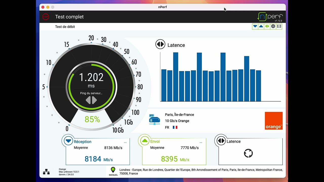 Test complet de débit nPerf avec la Livebox 7 d'Orange sur une connexion 8Gb/s symétrique en XGSPON