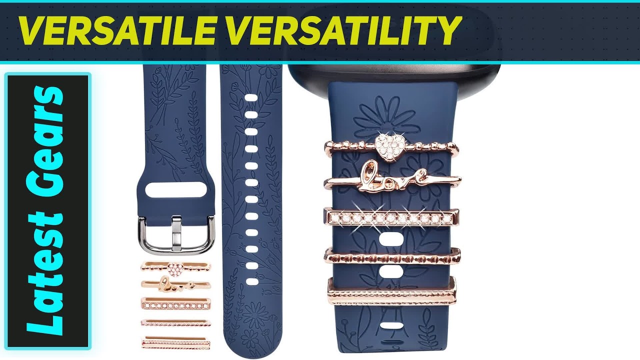 Engraved Silicone Band & Charms Compatible With Fitbit Versa 3/ Versa 4/ Sense/Sense 2 For Women, Soft Floral Sport Wristbands Replacement Strap With Ring Loops For Fitbit Versa 3/4 Bands Women(Pink