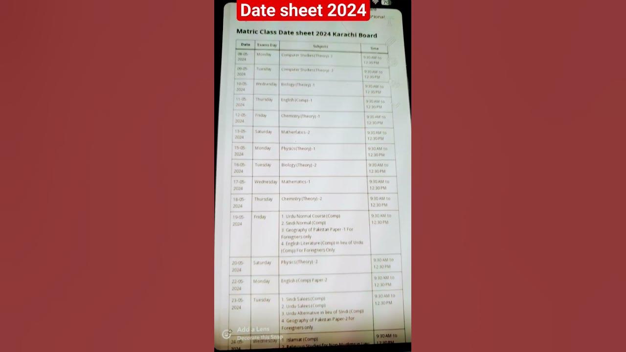 Date sheet 2024 datesheet karachiboard bsek biek paper2024 YouTube