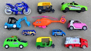 Looking for Different Types of Transport Toy Vehicles | Excavator, Police Car, Auto Rickshaw, Bike