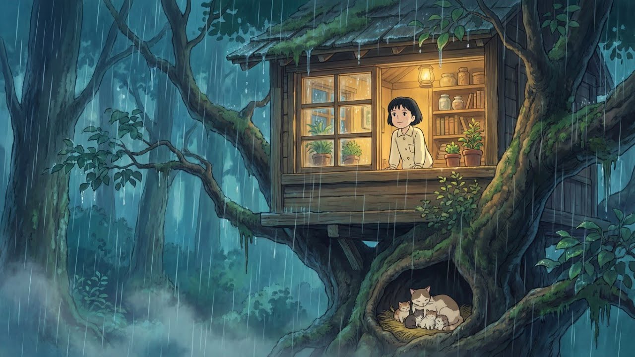 Surviving Flood and Heavy Rain In A Tree House || Ghibli Cozy Life ...
