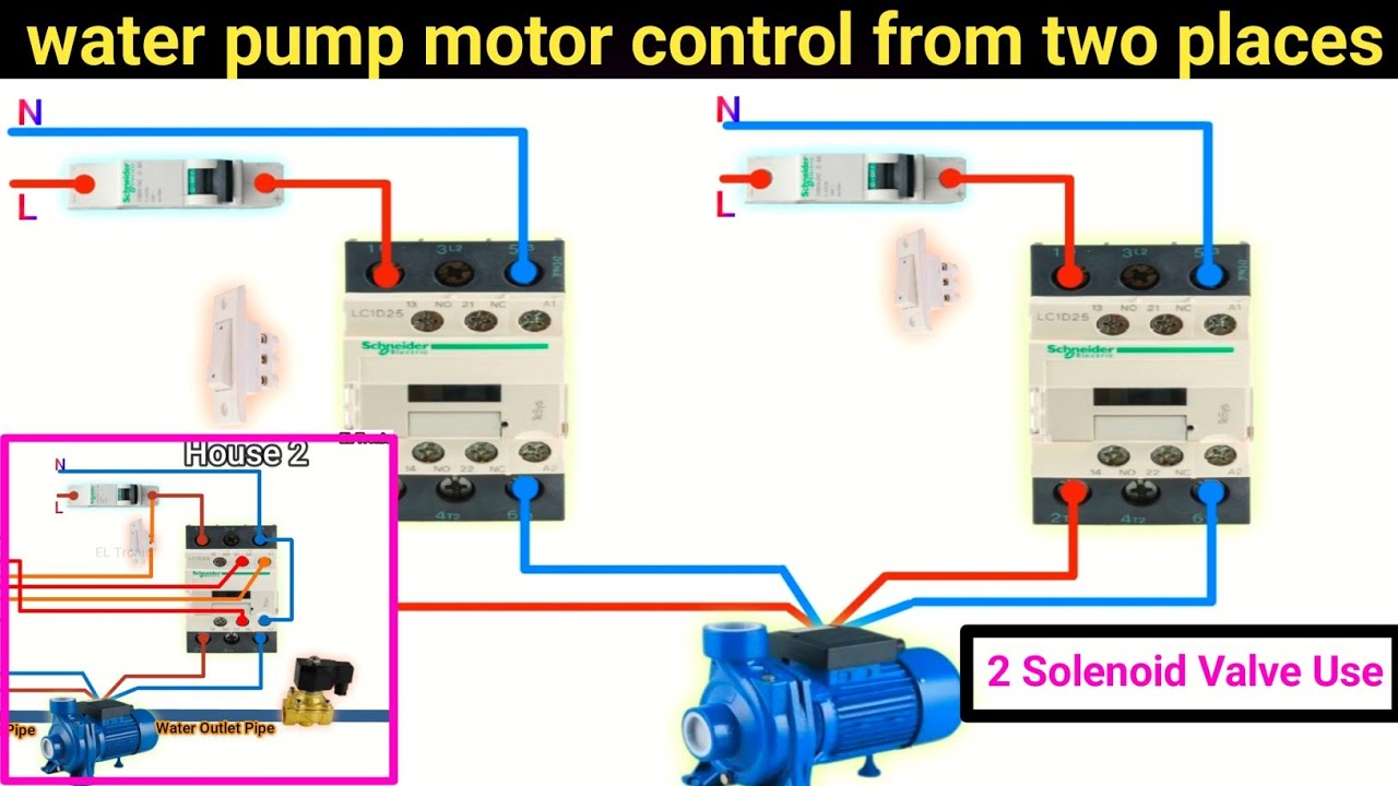 Wiring Circuit Diagram of Water Pump Controlling Two Points | One Motor Two Meter Connection