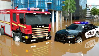 Firetruck Frank and policeman Lucas are stuck in a big puddle, (WCH) - Fire Truck Cartoon for Kids
