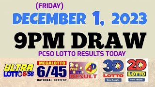 Lotto Result Today 9pm draw December 1, 2023 6/58 6/45 4D Swertres ez2 PCSO#lotto