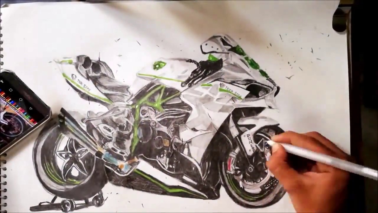 Art Heet - How to draw a Kawasaki h2r Sports Bike | Hobbiesan... | Bike drawing, Art