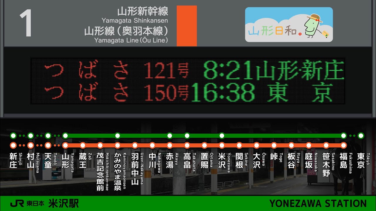 JR東日本 山形線・山形新幹線 米沢駅 駅放送 接近放送 【東海道型放送が現役の駅】 最終電車 終電放送 | Yamagata Shinkansen Station Announcement