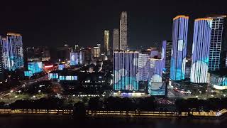 Changsha city night flight Neo 2. All big cities lights up in China during the evening hours. Hunan.