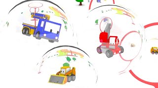 Бассейн и пушка с мыльными пузырями грузовичками: бульдозер, кран, экскаватор, обучающий мультфильм