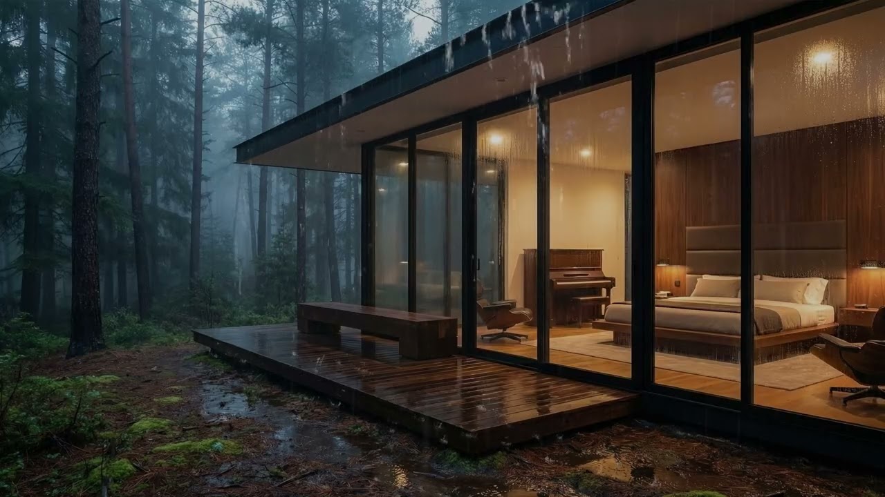 3 HOURS Cozy Rain & Piano in a Glass Cabin | Forest Night Sleep Ambience