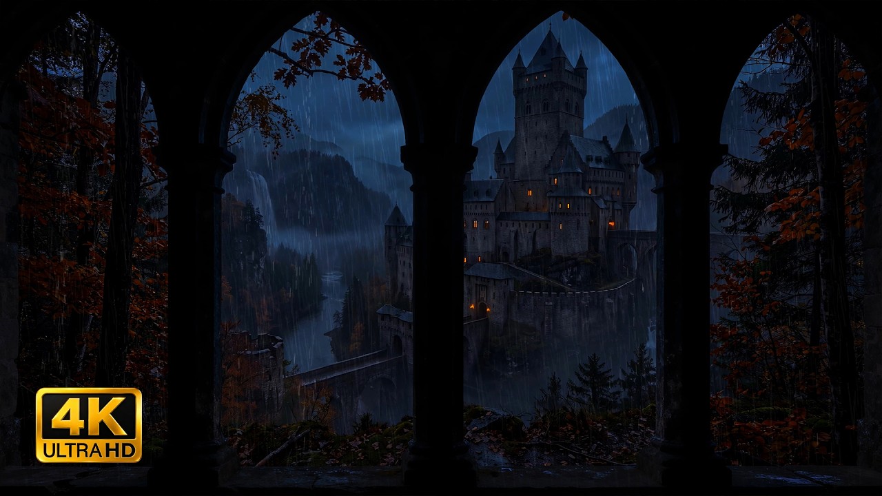 4K Rainy Autumn Evening at a Medieval Castle 🍂🌧️ Calm Thunder & Relaxing Rain Ambience for Sleep