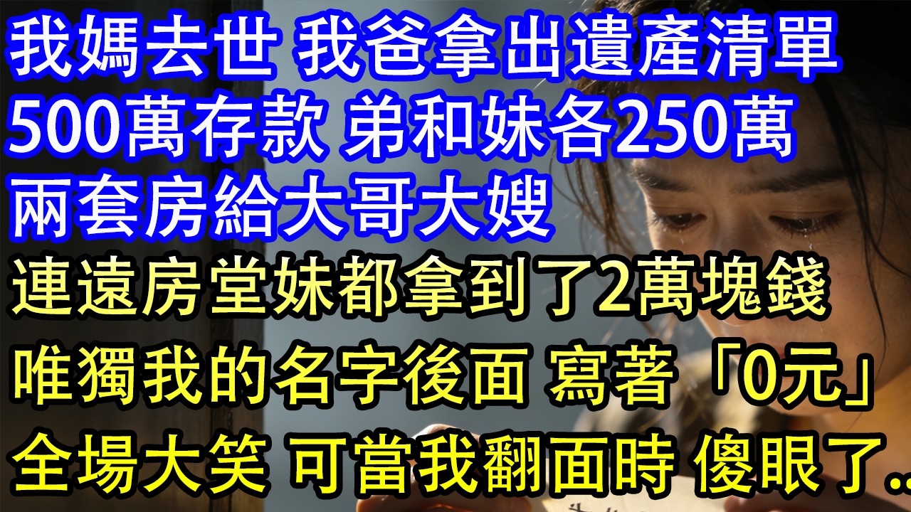 我媽去世 我爸拿出遺產清單500萬存款 弟和妹各250萬兩套房給大哥大嫂連遠房堂妹都拿到了2萬塊錢唯獨我的名字後面 寫著「0元」全場大笑 可當我翻面時 傻眼了..