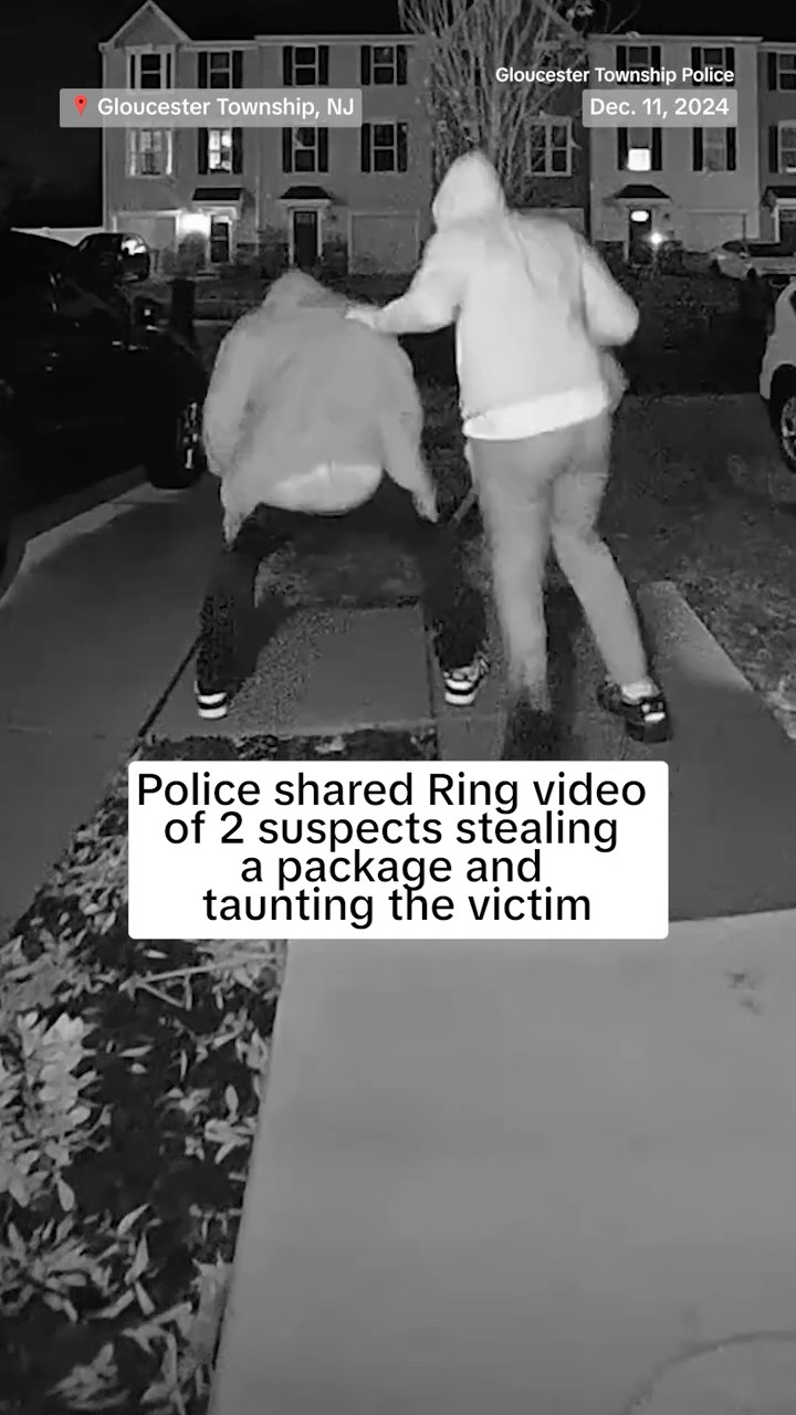 Poilice shared Ring video of two suspects stealing a package and taunting the victim