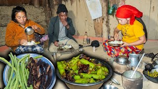 Long green Beans & buff dry meat Recipe with rice cooking & eating in Village Kitchen | Village vlog