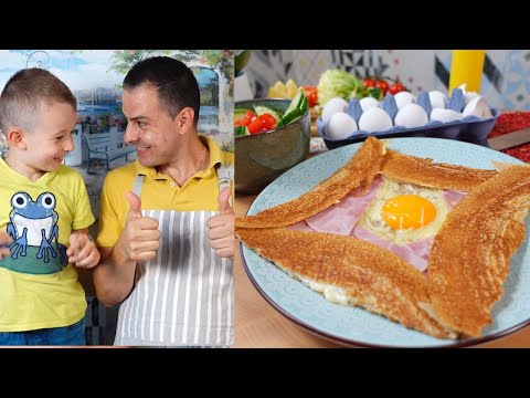 الأب والابن الطبخ الكريب القلبية مع البيض المقلي والجبن غاليت وصفات الحنطة السوداء