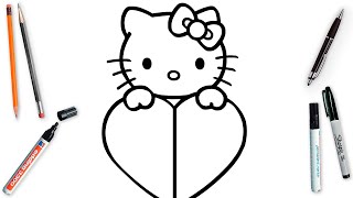 How To Draw Hello Kitty Easy Step By Step | Big Heart & Kitten Drawing Tutorial