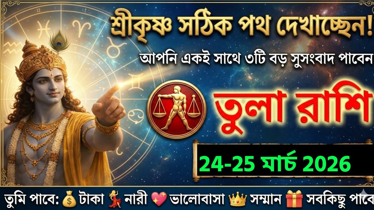 তুলা রাশি,০৮-১০ মার্চ ২০২৬ শ্রীকৃষ্ণ সঠিক পথ দেখাচ্ছেন  আপনি একই সাথে ৩টি বড় সুসংবাদ পাবেন ।