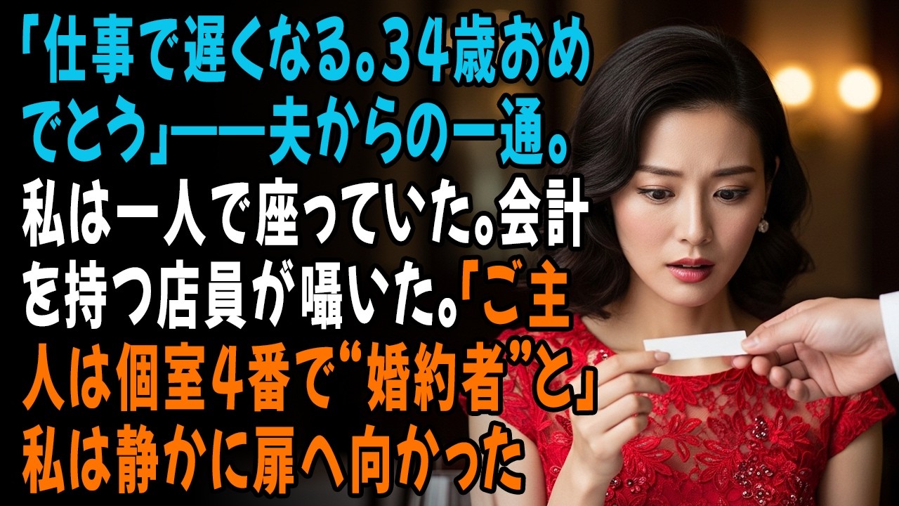 「仕事で遅くなる。34歳おめでとう」——夫からの一通。私は一人で座っていた。会計を持つ店員が囁いた。「ご主人は個室4番で“婚約者”と」私は静かに扉へ向かった