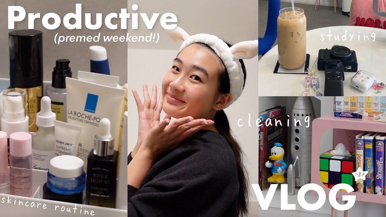 productive weekend as a premed student 🔬| studying at cafe, skincare routine, bathroom organization