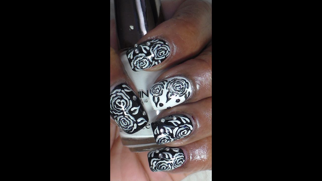 Black and White Rose Nail Design - wide 3