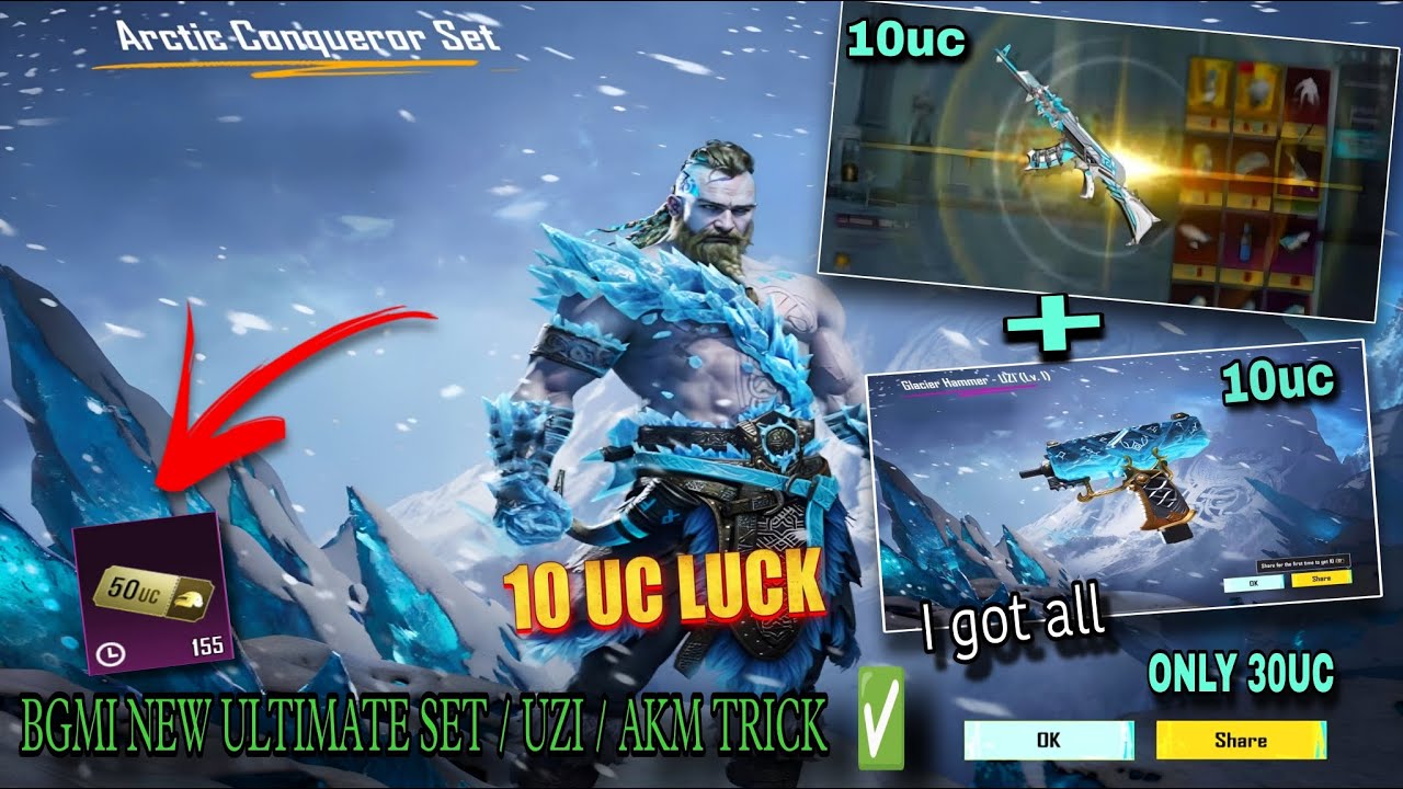 😱 BGMI 10 UC AKM ADMIRAL & GLACIER UZI  TRICK | NEW ULTIMATE SET ARCTIC CONQUEROR CRATE OPENING