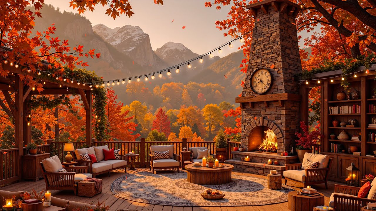 Tranquility Autumn Jazz on a Rustic Terrace 🍂 Cozy Porch Ambience & Fireplace Sounds for Relaxation