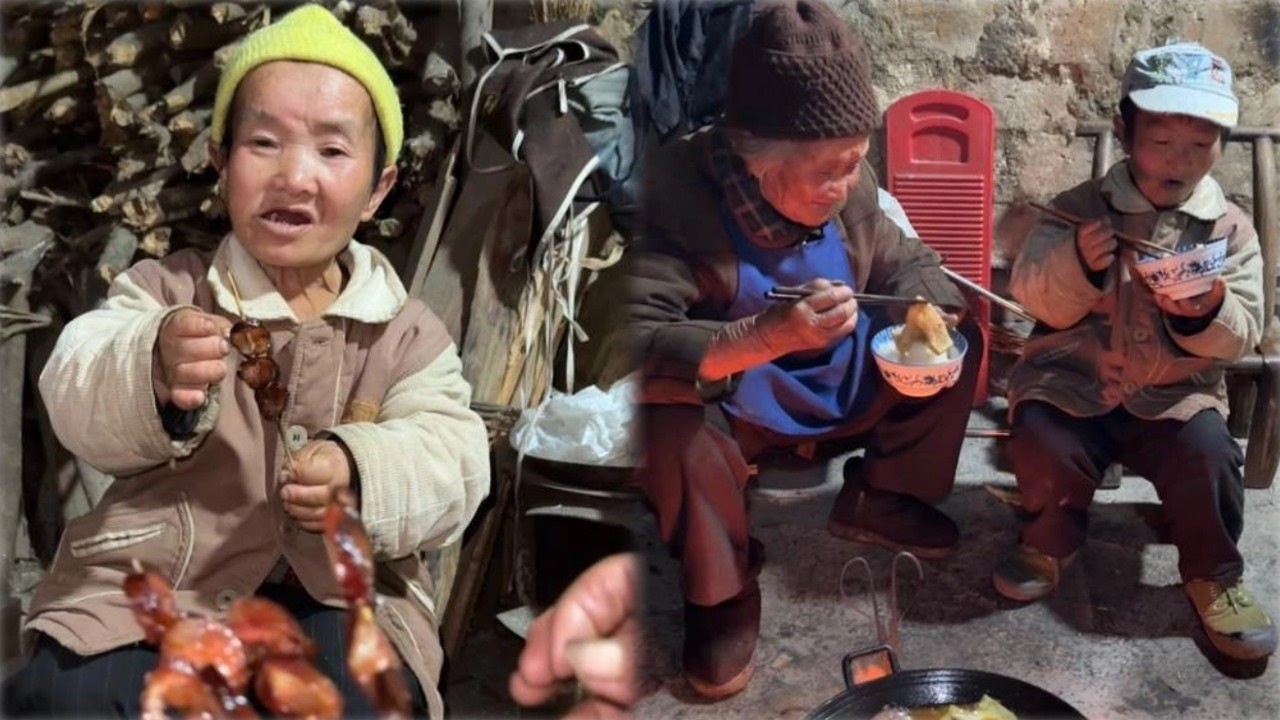 农村自家的烟熏腊肉腊肠，矮人宋姐和 90 岁妈妈烤腊香肠吃