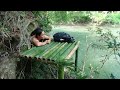Camping Alone With Solo Bushcraft At River - make a Tent shelter on tree