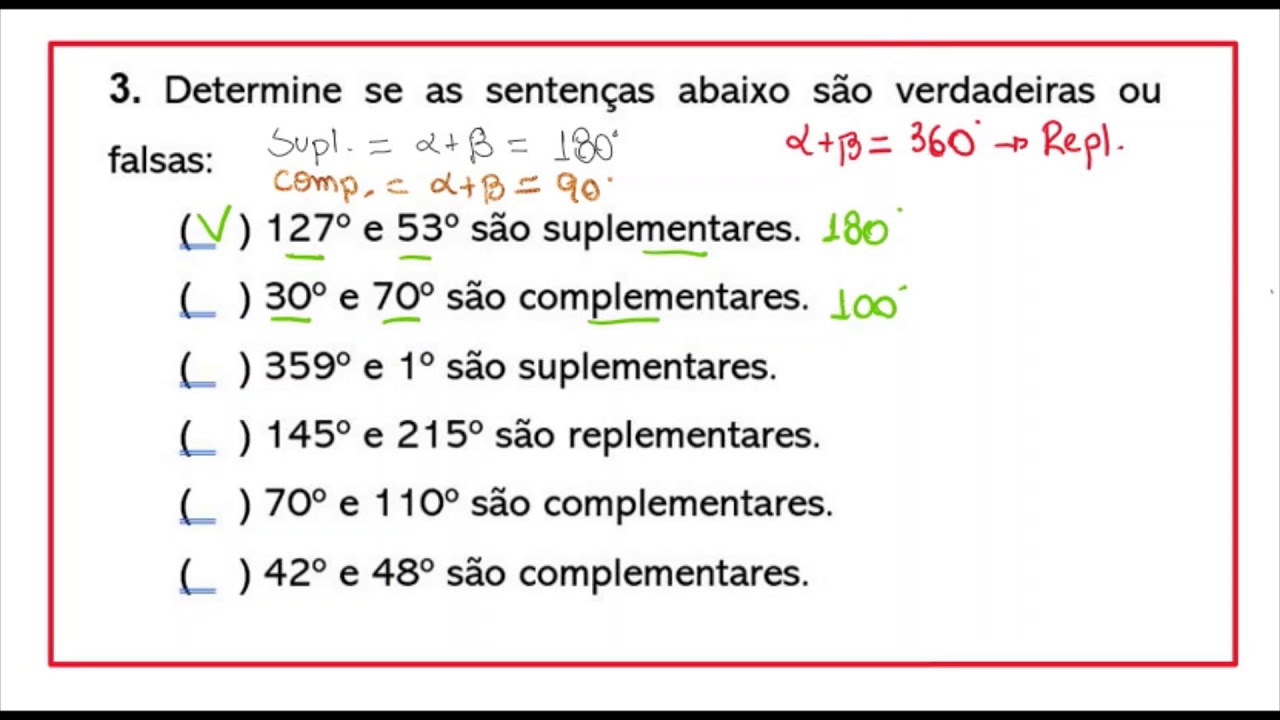 Verdadeiro ou Falso sobre Ângulos Complementares, Suplementares e