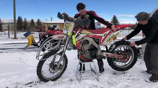 Can we get the ice tires fixed in time to train on the Honda CRF450R on the lake on the weekend