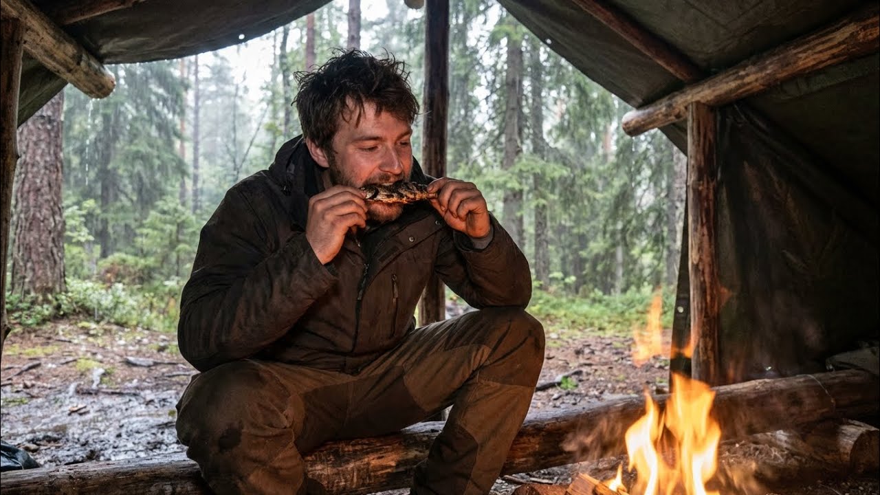 Rainy Forest Survival: Man Builds Secret Shelter in Storm 🌧️🏕️
