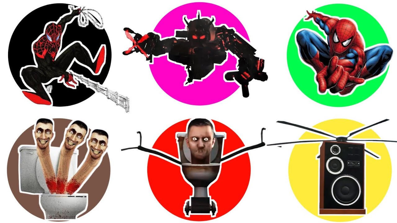 Superhero Marvel Spider-Man, Skibidi Three Head, Car Claw, Speaker Helicopter, Juggernut 