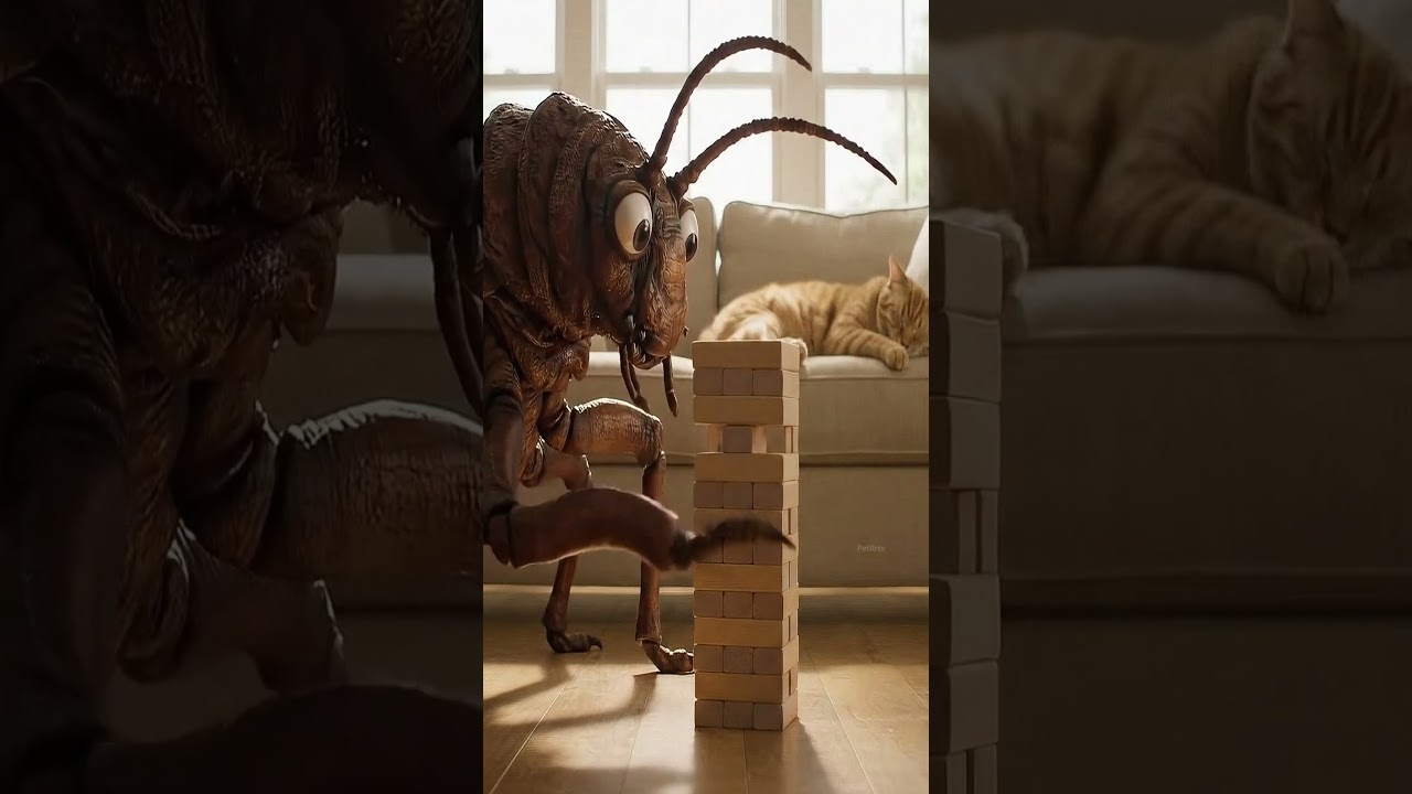 Cat Reacts to Epic Jenga Collapse