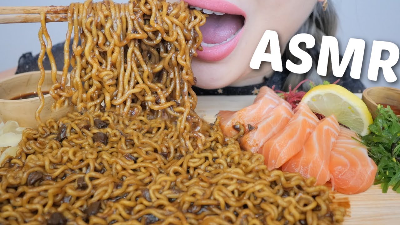 Spicy SALMON Sashimi with Black Bean Noodles *ASMR Light Whisper Eating Sounds | N.E Let's Eat