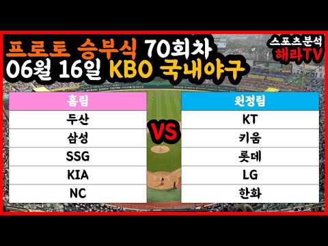 야구분석 06월 16일 KBO 국내야구분석 스포츠분석 승부식 승무패 프로토 토토