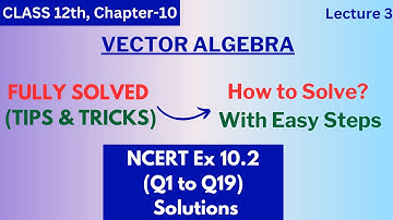 Ex 10.2 (Q1 to Q19) Solutions || Vector algebra || Class 12 Ch-10 Lecture 3 || Step by Step Solution