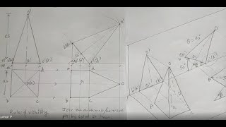 Projection of Solid- Square pyramid resting on edge on HP, axis inclined to HP,  edge inclined to VP