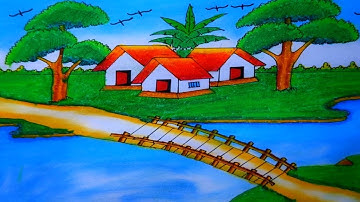 How to Draw Beautiful Village Scenery Drawing for beginners | Easy Pencil Color Drawing Tutorial 