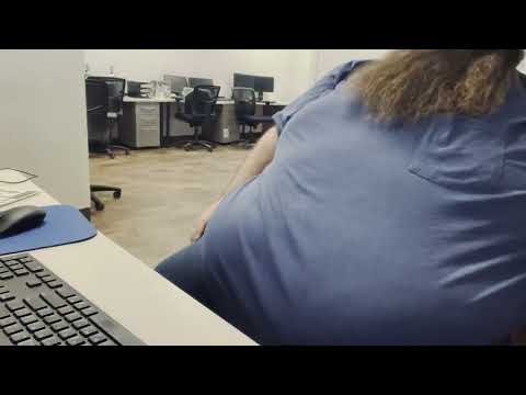 fat guy belly plop on desk