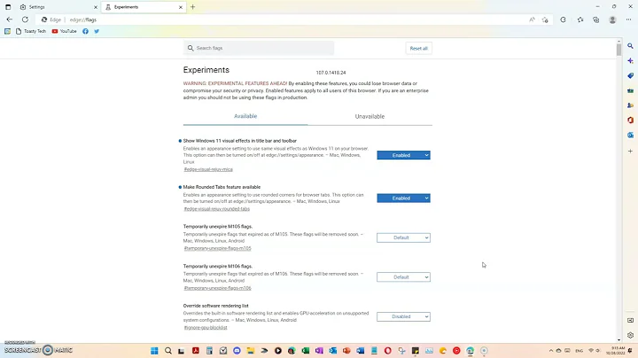 How to re-enable Microsoft Edge experimental UI settings in Edge 107