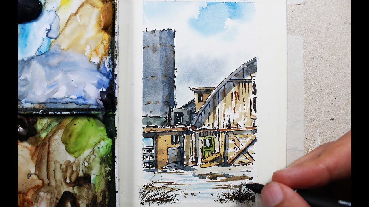 Barn in line and wash Full Real time watercolor drawing and paint By ...