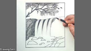 Waterfall Scenery Art|| Waterfall Landscape Scenery Drawing #art #artwork #drawing #pencildrawing