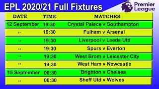 Premier League Football Matches Fixtures 2020-21 | EPL Fixtures 2020/21 Starting Date - 12/9/2020