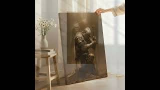 Medieval Knight Wall Art, Dark Warrior Canvas, Gothic Armor Painting, Masculine Decor